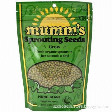 Zipper pouches with small oval window, standing up, for mung bean packaging